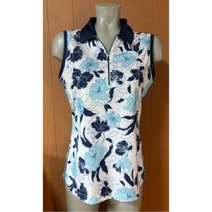 EP Pro Sleeveless Stencil Floral Print Golf Polo Blue & White M